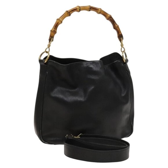 GUCCI Bamboo Hand Bag Leather 2way Black Gold - Picture 1 of 15